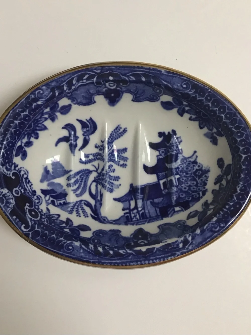 Blue Willow Antique 1920's England Burleigh Ware Oval Soap Dish Ridges Gold Rim